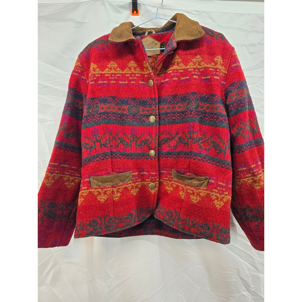 Woolrich Women's Geometric Pattern Jacket Red Blue Yellow Suede Trim Size M‎
